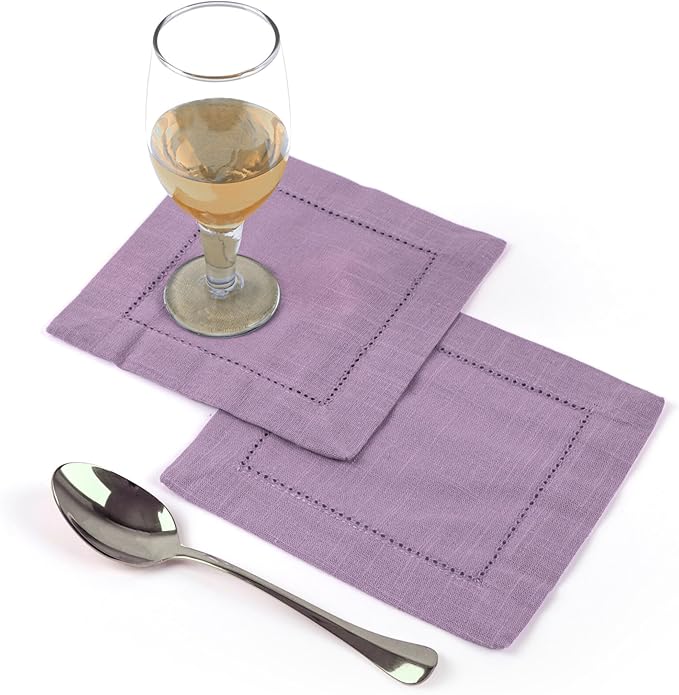 FINGERCRAFT Cocktail Napkins 6 x 6 Inch Premium Quality Cotton, Generous Hemstitch and Mitered Corner Set of 12 Coaster Cloth Lavender
