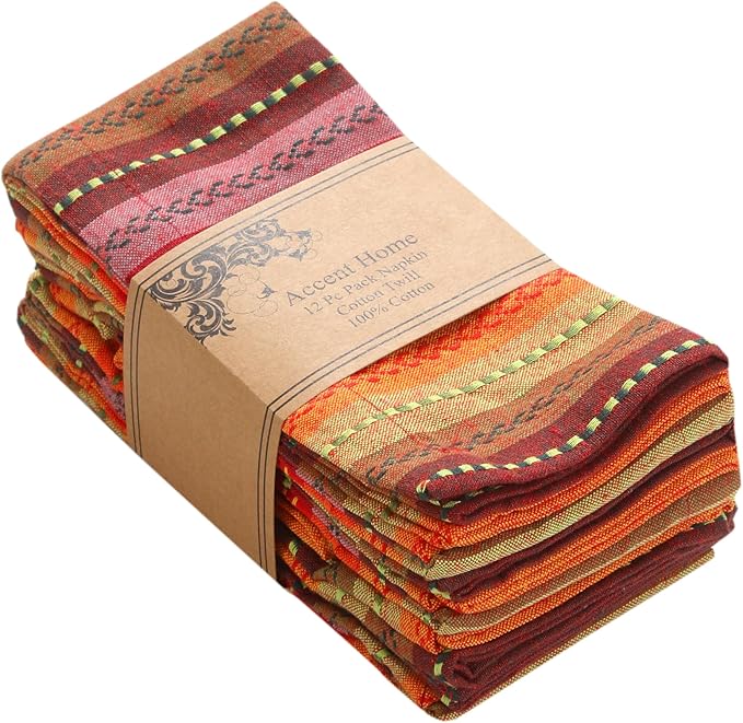ACCENTHOME 100% Cotton Salsa Stripe Napkin Set of 12 18x18 inch Red/Rust Multicolour Dinner Napkins - Washable Soft Premium Hotel Quality Reusable Perfect Table Linen for Family Dinners Weddings