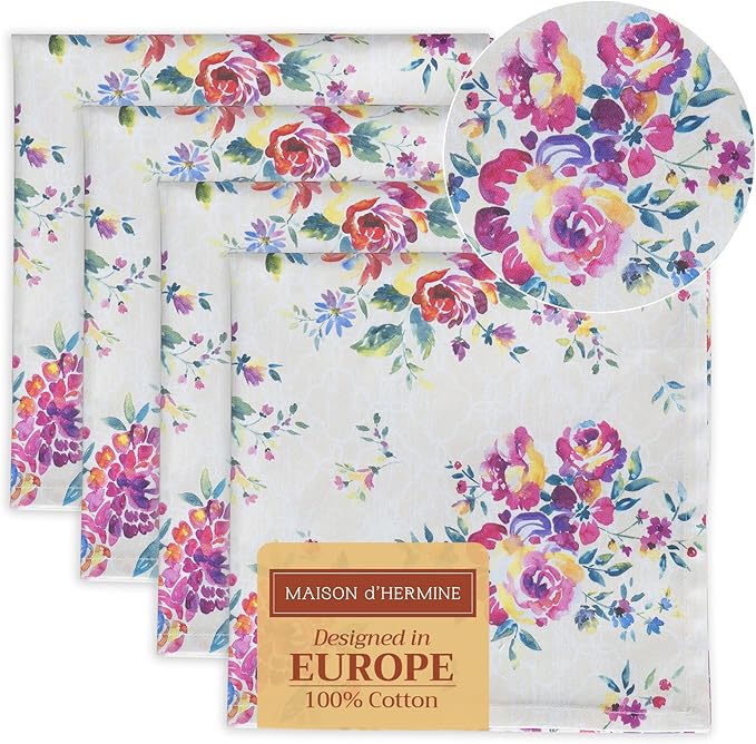 Maison d' Hermine Cloth Napkins Set of 4 100% Cotton Everyday Reusable Square Napkins Cloth Washable Dinner Party Wedding Restaurant Gifts for Mothers Day Spring/Summer (Rose Garden, 20" x 20")