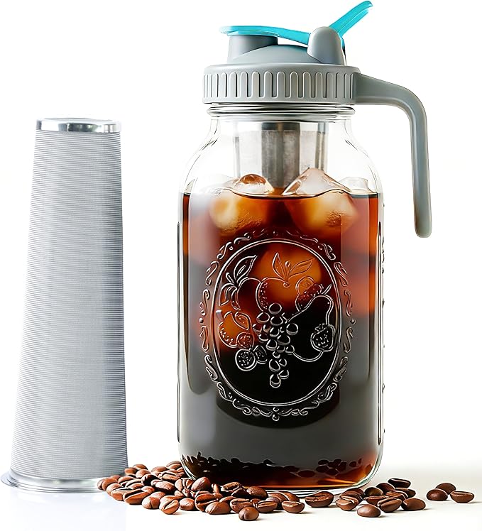 Mason Jar Cold Brew Coffee Maker 64 OZ ( 2 Quart ) Wide Mouth Cold Brew Pitcher With Stainless Steel Fine Mesh Filter Airtight & Leakproof Mason Jar Pitche For Coffee, Iced Tea, Sun Tea, Lemonade