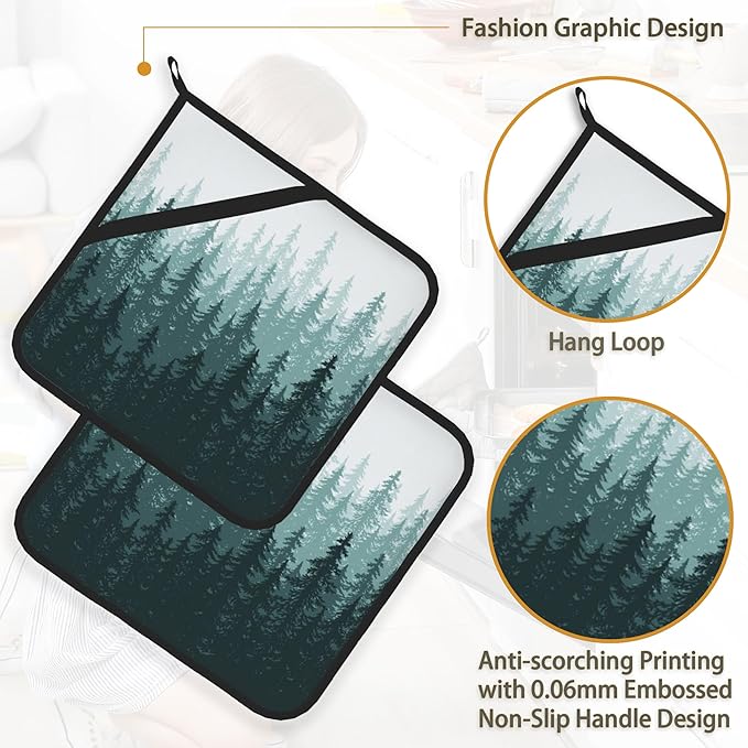 Misty Forest Landscape Pot Holder Set of 2,Heat Resistant Potholders Oven Hot Pads for Kitchen Cooking Baking BBQ