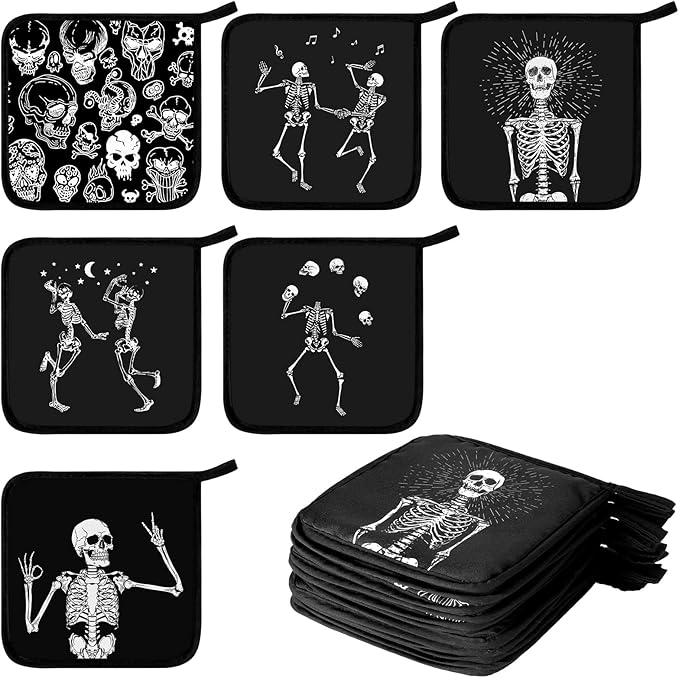 Bencailor 12 Pcs Pot Holders with Pocket Kitchen Hot Potholders Hot Pad Oven Mitts Cookie Bag Oven Gloves for Kitchen Gift Baking Cooking (Black,Skull 2)