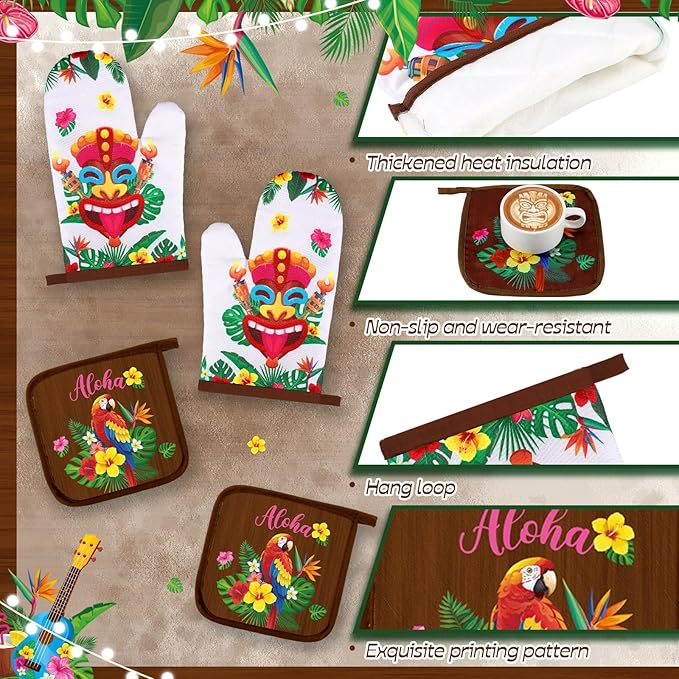 Fourluoo 10 Pcs Hawaii Kitchen Towels Oven Mitts and Pot Holder Luau Aloha Kitchen Set Decor Flower Tropical Palm Rugs and Mats Parrot Flamingo Dish Towels for Summer Chef Baking Cooking Grilling BBQ