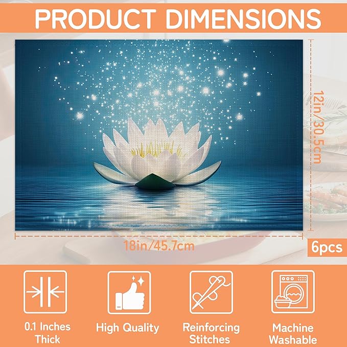 Water Lily Placemats Set of 6,Waterproof Heat Resistant Dining Table Plate Mat for Home Kitchen Dining Table 12x18Inch