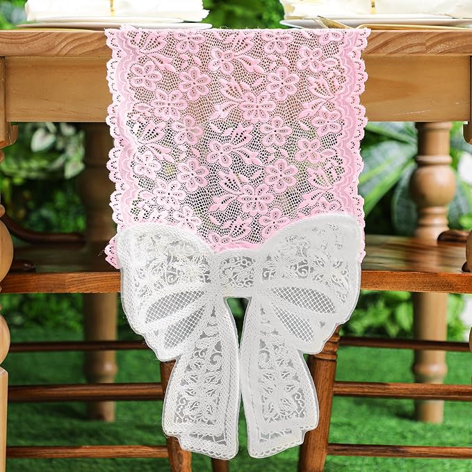 Pink Lace Table Runner with Big Bow Ends 12 x 71 Inch Vintage Rectangle Macrame Embroidered Runner French Style Tablecloth for Wedding Kitchen Dining Table Home Decor