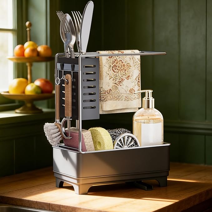 MOUKABAL Sponge Holder for Kitchen Sink, 2-Tier Sink Caddy Organizer with Drain Holes and Hooks, Holds Dishcloth, Sponge & Brushes, Kitchen Countertop Storage for New Home Essentials Grey