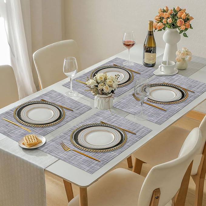 Vinyl Placemats Set of 6, PVC Woven Washable Non-Slip Table Mats, Heat Resistant Wrinkle Free Place Mats for Dining Table, Easy to Clean (6, Light Grey)