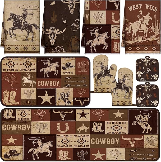 Fourluoo 10 Pcs Western Cowboy Kitchen Decor Brown Oven Mitts and Pot Holders Kit Western Cowboy Kitchen Accessories Vintage Dish Towels Farmhouse Rugs Mats for Home Cooking Baking Housewarming Gifts