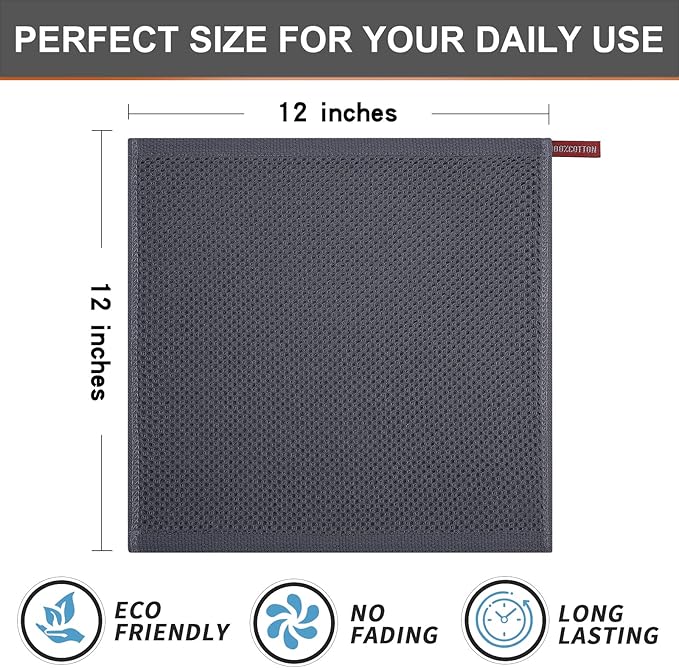 Kitinjoy 100% Cotton Kitchen Dish Cloths (12 X 12 Inches, Dark Grey), 6 Pack Waffle Weave Ultra Soft Absorbent Dish Towels for Drying Dishes Quick Drying Kitchen Towels Dish Rags