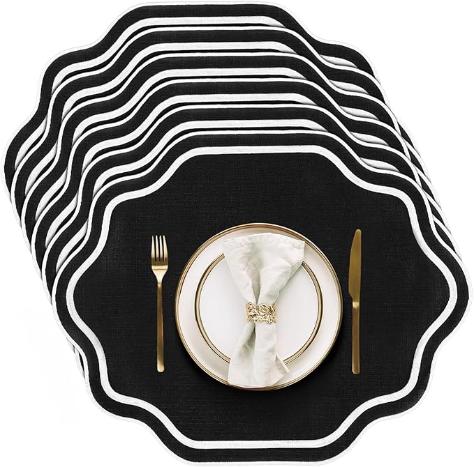 Breling 6 Pcs Wedding Placemats Scalloped Embroidered Cotton Linen Placemats 17" x 13" Double Layered Machine Washable Table Place Mat for Party Table Decor (Black)