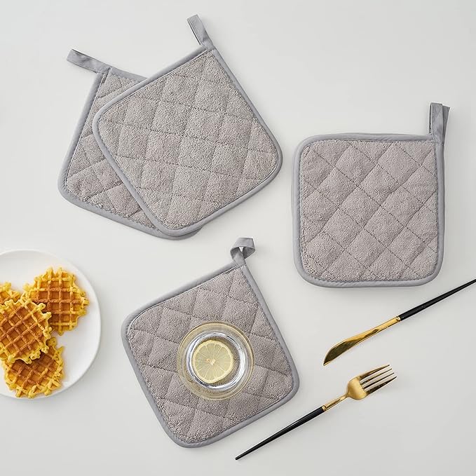 Kitchen Pot Holders Set Heat Resistant Pure Cotton Potholders Kit Trivets Large Coasters Hot Pads Terry Pot Holders for Everyday Cooking and Baking by 7 x 7 Inch Set of 6 Grey