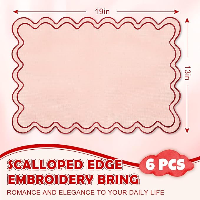 Whaline Vintage Red Pink Linen Placemats Embroidered Scalloped Kitchen Place Mats for Birthday Party Home Dining Table Decor, Set of 6, 13 x 19 in