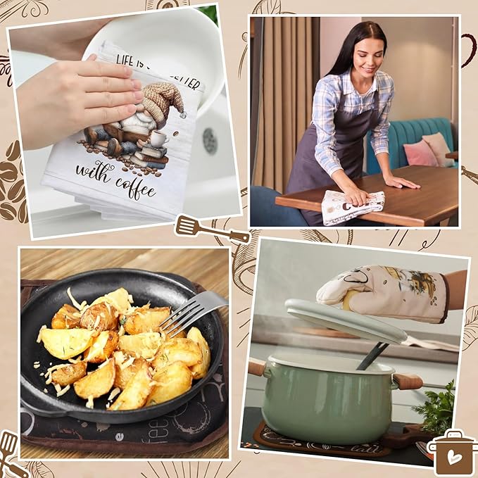 Fourluoo 8 Pcs Farmhouse Kitchen Decor and Accessories Set 4 Kitchen Dish Towels 2 Oven Mitt 2 Pot Holders for Christmas Cooking Baking Daughter Mom Gift Decor (Brown,Gnome)