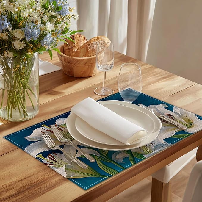 HOMETITUTE Dragonfly Linen Placemats Set of 4 12x18 inch Spring Table Mats for Dining Table Farmhouse Lily Art Decorations Kitchen Decor Desk Mat for Outdoor Home Party Kitchen Seasonal Dining Decor