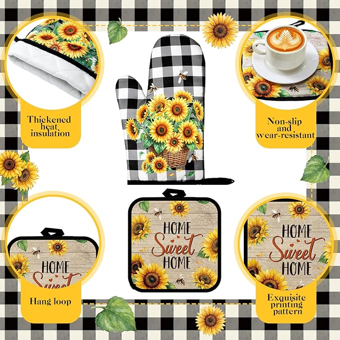 Fourluoo 10 Pcs Sunflower Kitchen Decor Bee Oven Mitts and Pot Holders Set Sunflower Dish Towels Summer Rugs Mats Farmhouse Kitchen Accessories for Chef Baking Cooking Grilling Women Home Retro Gift