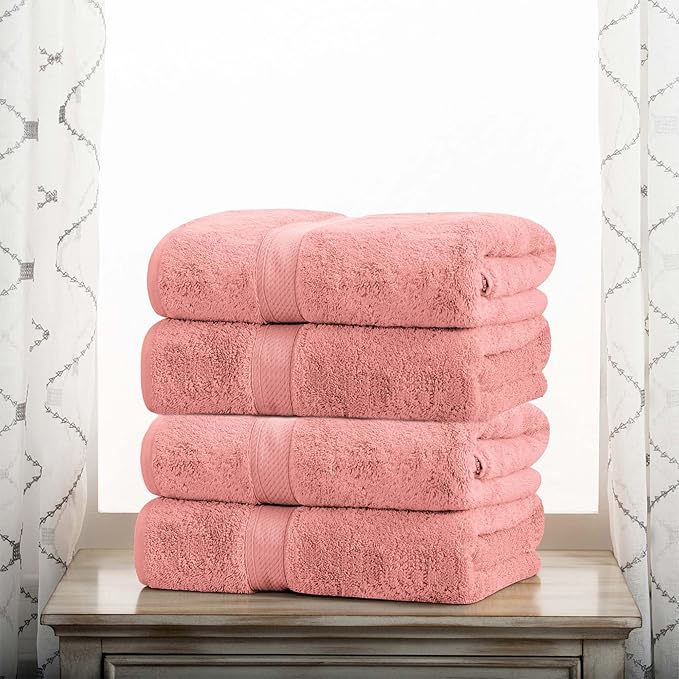 Superior Egyptian Cotton Pile Bath Towel Set of 4, Ultra Soft Luxury Towels, Thick Plush Essentials, Absorbent Heavyweight, Guest Bath, Hotel, Spa, Home Bathroom, Shower Basics, Tea Rose