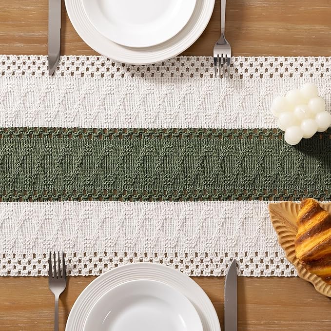 Socomi Boho Table Runner Easter Spring Farmhouse Rustic Dining Kitchen Centerpiece Decor Small Macrame Woven Cotton Linen Coffee Table Runner for Dresser Scarf Home Decor 12x48 inch Olive Green