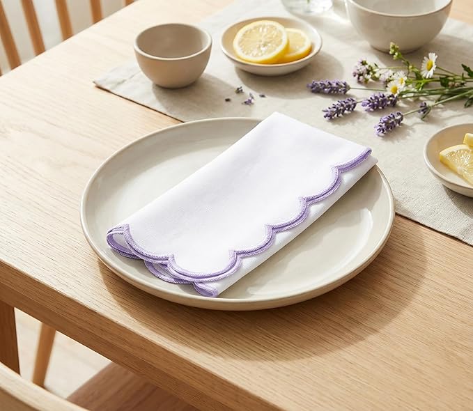 PurpleEssences Scalloped Embroidery Cloth Napkins - Spring Easter Summer - Table Decor - 100% Cotton - Set of 4-18x18 inch - White - Edges - Lavender