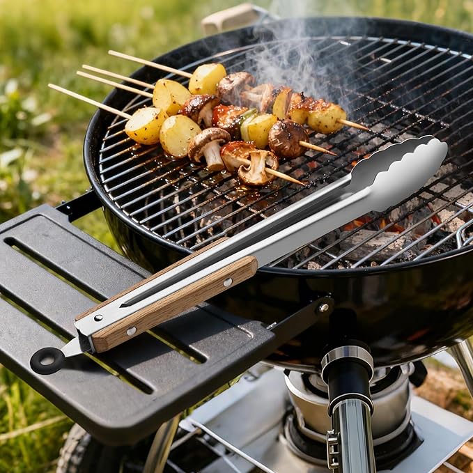 12-Inch Stainless Steel Kitchen Tongs for Cooking,Locking Metal Tongs with Oak Wood Handles,Cooking Tongs for Grilling,BBQ,Serving and Outdoor Barbecue,Heavy Duty,Heat-Resistant and Durable