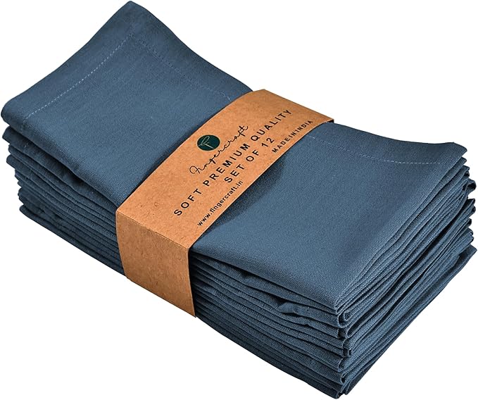 FINGERCRAFT Dinner Cloth Napkins, Cotton Linen Blend Mitered Corner Napkins Cloth 12 Pack Natural Premium Quality for Every Day Use, Parties, Easter, Thanksgiving, Weddings, 18x18 inch Stellar Blue