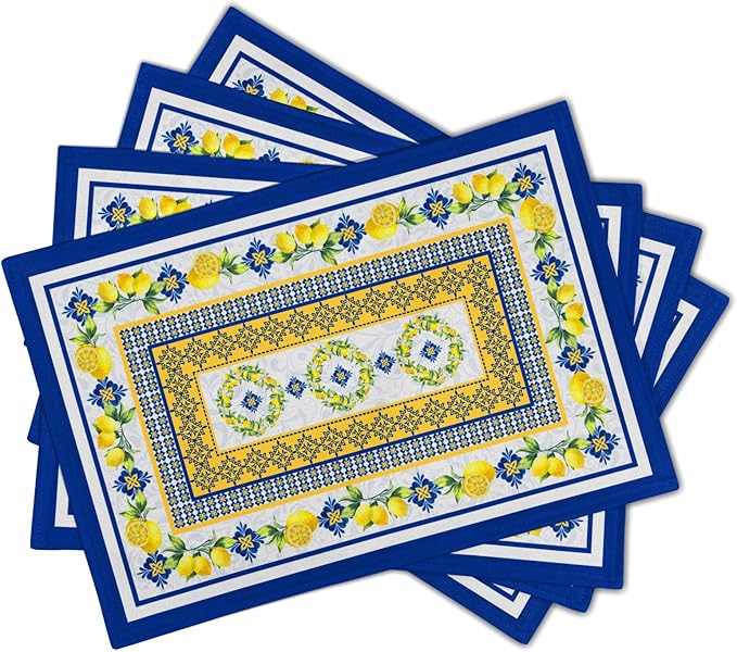 Lemon Summer Table Placemats for Dining 12 x 18 Inch Set of 4，Blue Yellow Boho Heat-Resistant Washable Table Non-Slip Rectangle Place Mat for Seasonal Party Kitchen Dining Table Decor