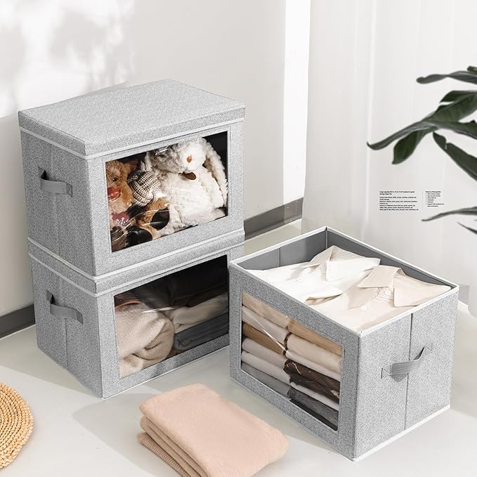 Homsorout Stackable Storage Bins with Lids - Large Decorative Basket with Lids, Fabric Foldable Closet Organizer Bins, Shelf Organizer for Living Room, Dorm, 5 Pack, Blended