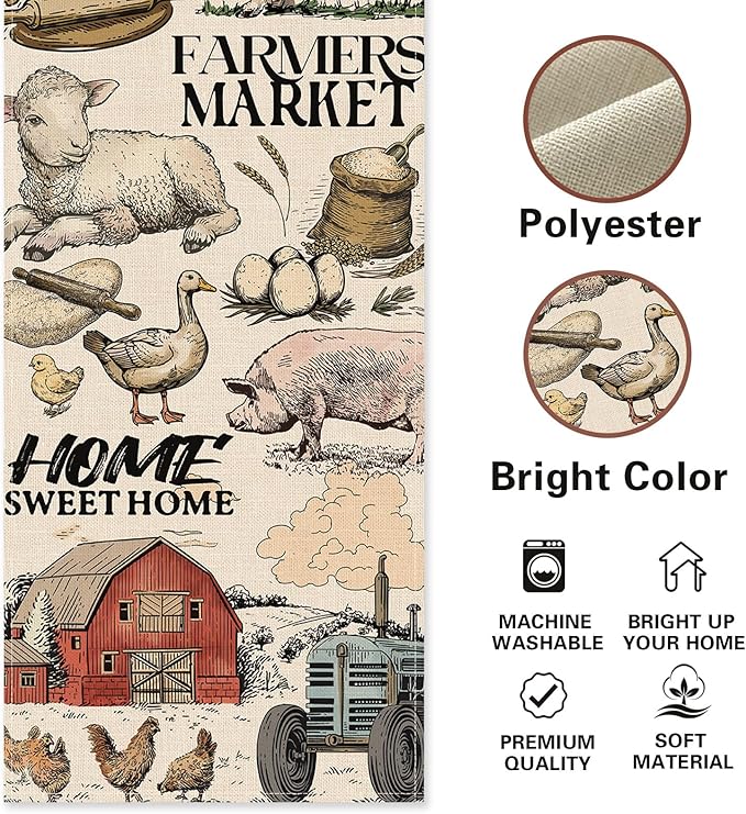 Farm Animals Dining Table Runner, Farmhouse Country Cow Lamb Pig Chicken Duck Barn Tractor Burlap Kitchen Decoration, Farmer Market Indoor Outdoor Sweet Home Decor Party Supply 13 x 48 Inches