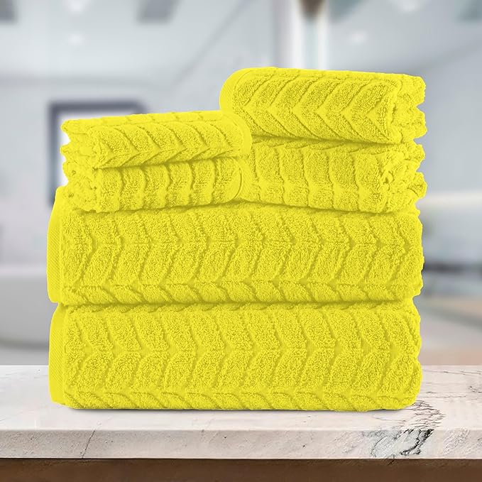 Elegant Comfort Luxury 6-Piece 100% Turkish Cotton Jacquard Braided Textured Premium Hotel Quality Towel Set– Soft and Absorbent, Includes 2 Bath Towels, 2 Hand Towels and 2 Washcloths, Yellow