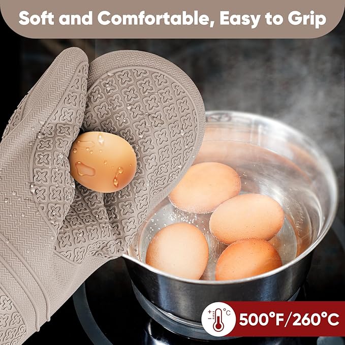 Silicone Oven Mitts, Heat Resistant Oven Gloves with Quilted Liner, Waterproof & Non-Slip Kitchen Mittens for Baking Cooking BBQ, 500°F, 12.5"-Milkshake Beige