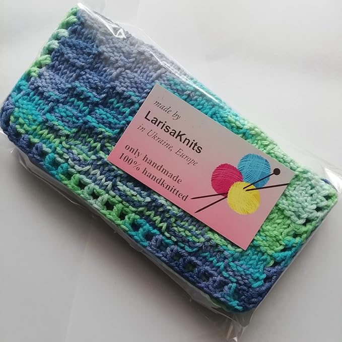 Cotton colorful dishcloth reusable set of 3, Knitted absorbent bright mini towels Dark blue-light green crochet square rags ecology