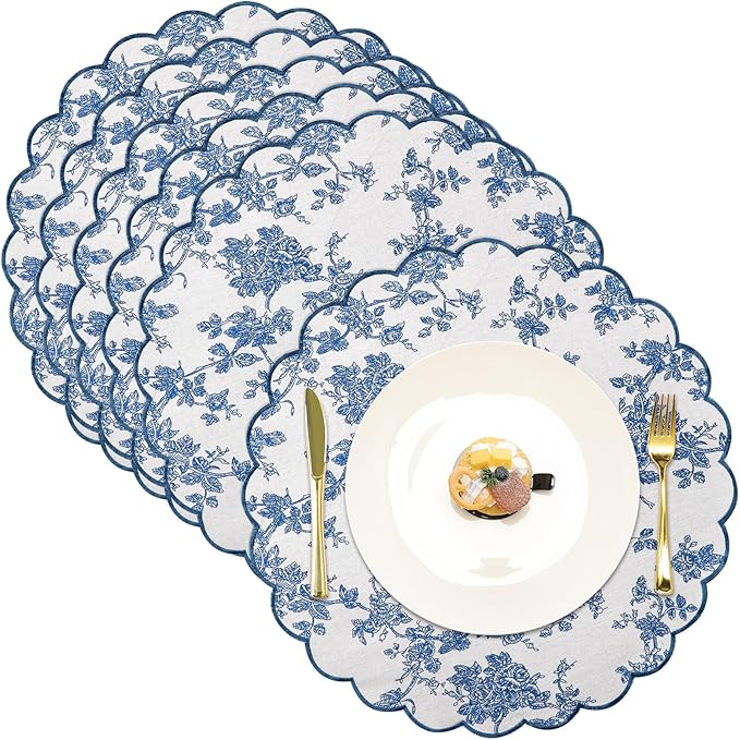 Set of 6 Round Placemats 15 Inch Cotton Scalloped Embroidery Placemat Washable Double Layered Rustic Dinner Table Mat Decoration Fabric for Hotel Restaurant Kitchen (Blue/White,Floral)