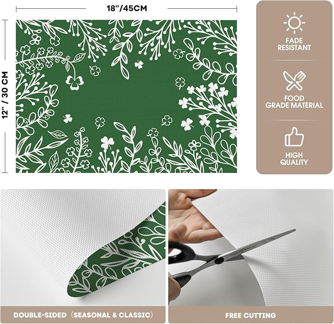 Artoid Mode Dark Green Weed Wild Flower Vinyl Plastic Placemats Set of 4, 12x18 Inch Woven Washable Non-Slip PVC Place Mats for Party Kitchen Dining Decor