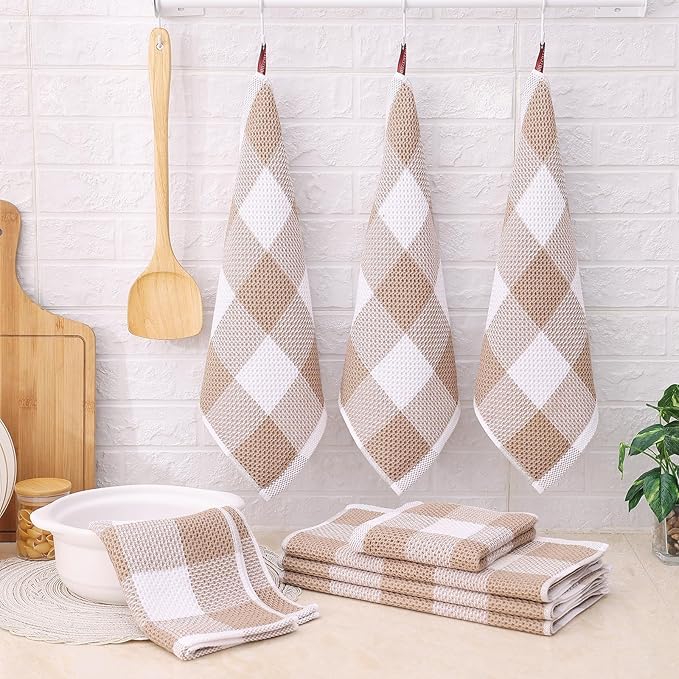 Homaxy Kitchen Towels and Dishcloths Set, 12 x 12 and 13 x 28 Inches, Set of 12 100% Cotton Waffle Weave Check Plaid Kitchen Dish Towels, Super Soft and Absorbent Dish Cloths, White & Khaki