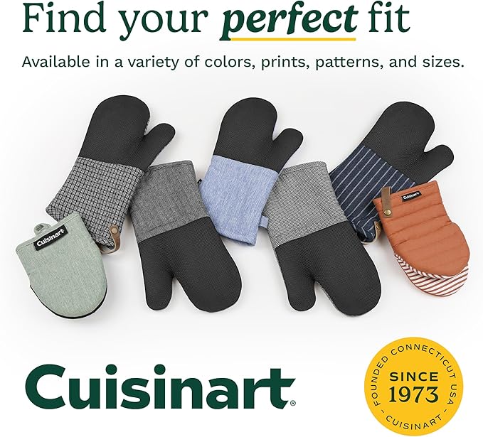 Cuisinart Mini Oven Mitts – 5.5” x 8” Heat-Resistant Kitchen Mitts for Oven with Non-Slip Printed Silicone, Cotton Filling, and Faux Leather Loop – Durable Oven Mitt Set for Cooking & Baking