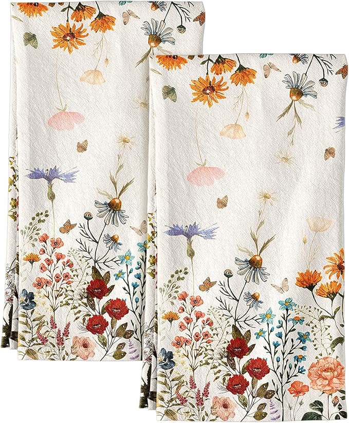 Miss Adola Flour Sack Kitchen Towels - Set of 2 Cotton Dish Towels with Hanging Loop Decorative 18x26 Inch Absorbent Cute Design for Housewarming Gifts, Retro Floral