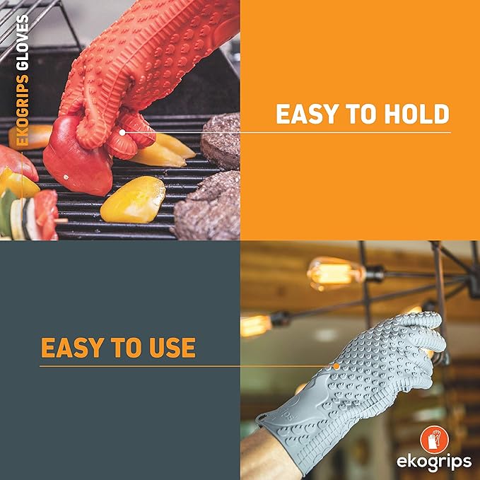 Jolly Green Products Ekogrips Heat-Resistant BBQ Gloves – Premium Silicone Cooking & Grill Gloves for Oven, Fireplace & Campfire Use, Non-Slip, Waterproof, Grey, XXL