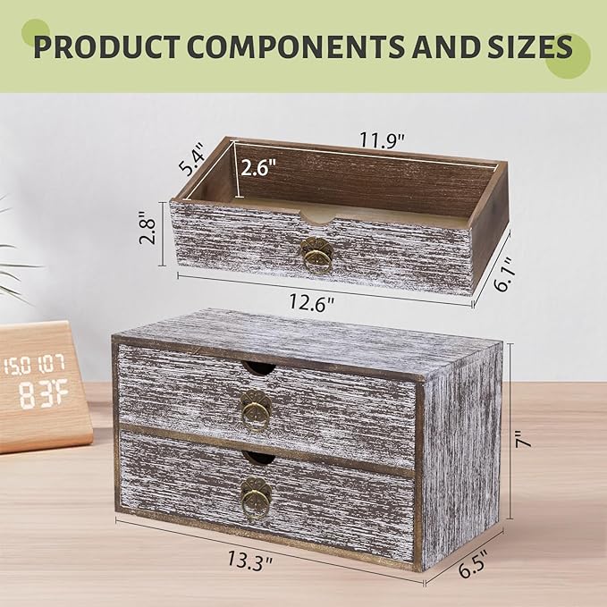 Wood Desk Organizer, Washed Brown Wooden Desktop Organizer with Drawer, Tabletop Storage Organization Box for Countertop, Home Office Supplies, Bills, 13.3 x 6.5 x 7 Inches(2 Drawer)