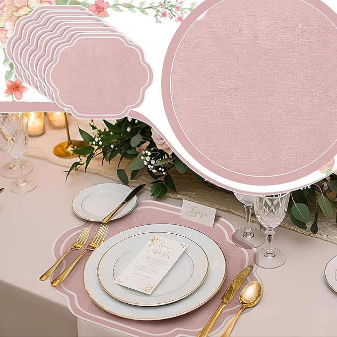Breling Set of 6 Wedding Placemats Scalloped Embroidered Cotton Linen Placemats 17" x 13" Double Layered Machine Washable Table Place Mat for Party Table Decor(Pink)