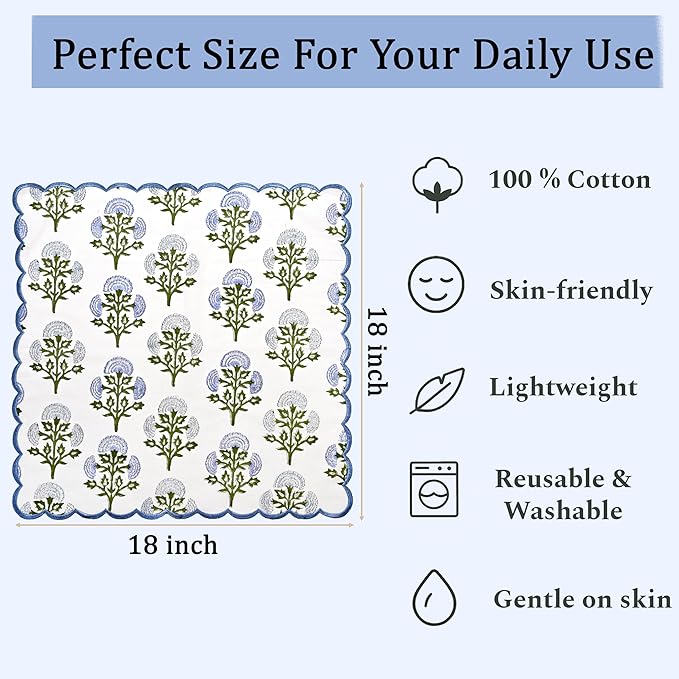 Ridhi Hand Block Print Mughal Buta Blue 18" x 18" (Set of 4) EmbrioEmbroidery Table Napkins Reusable Cotton Dinner Napkins for Weddings, Parties, Everyday Dining Gift for Spring, Easter, Valentine