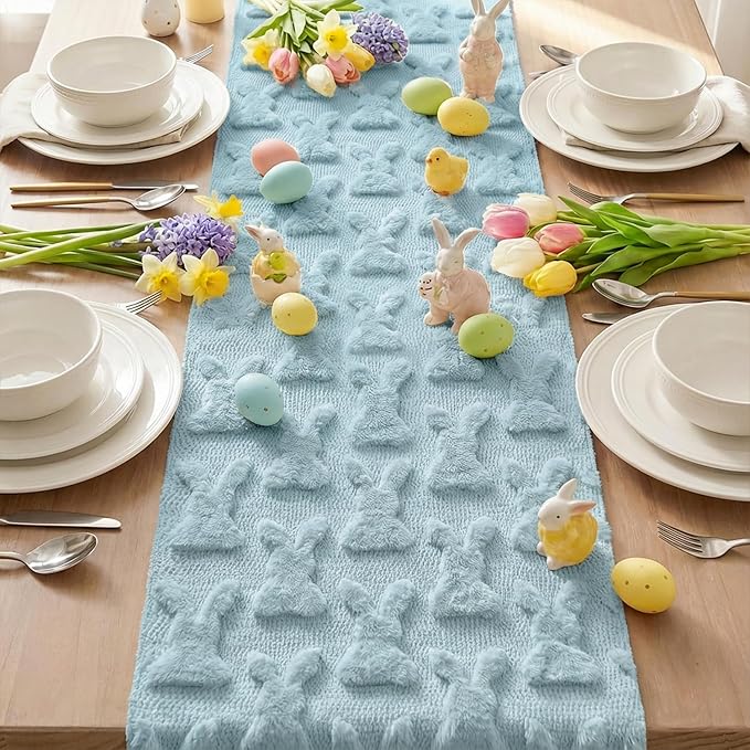 Artoid Mode Blue Soft Plush Faux Fur Jacquard Bunny Rabbit Easter Table Runner, Seasonal Kitchen Dining Table Decoration for Home Party Decor 13x72 Inch