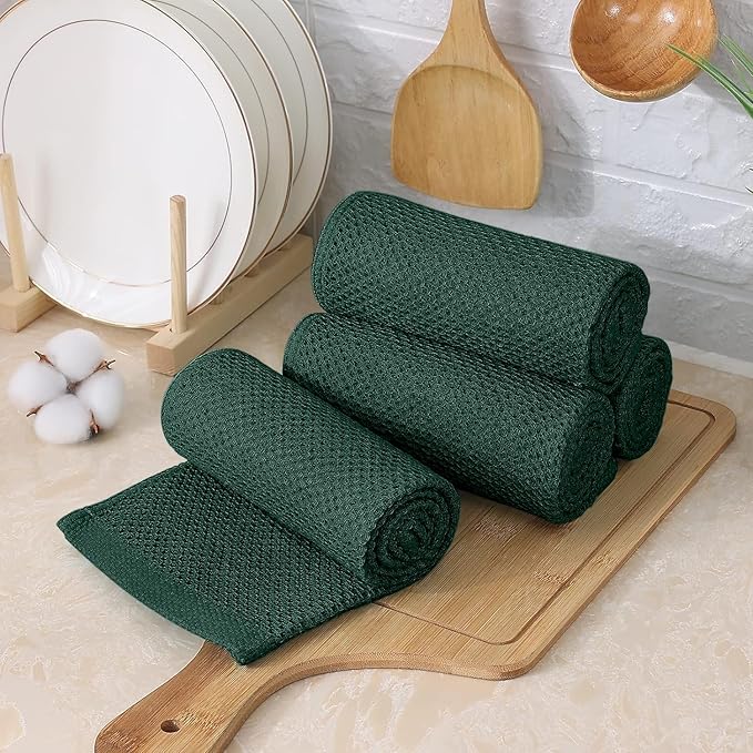 Kitinjoy 100% Cotton Kitchen Towels and Dishcloths Set, 8 Pack-13" x 28" and 12" x 12" Waffle Weave Dish Towels, Ultra Soft Absorbent Quick Drying Dish Rags, Blackish Green