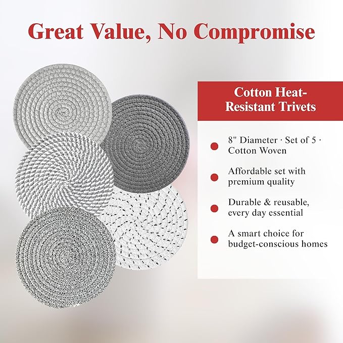 CATIFLIN 8 Inch Heat Resistant Trivets for Hot Dishes, 5-Pack Cotton Woven Pot Holders & Hot Pads Set – Kitchen Countertop & Table Protector, Home Essentials Decor