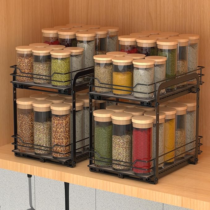 BOIVSHI 2-Tier Spice Rack, Pull Out Spice Racks Organizer for Cabinet, Height Adjustable Heavy Duty Metal Basket for Inside Cabinets & Pantry Closet (7.5''Wx10.5''Dx9.5''H)
