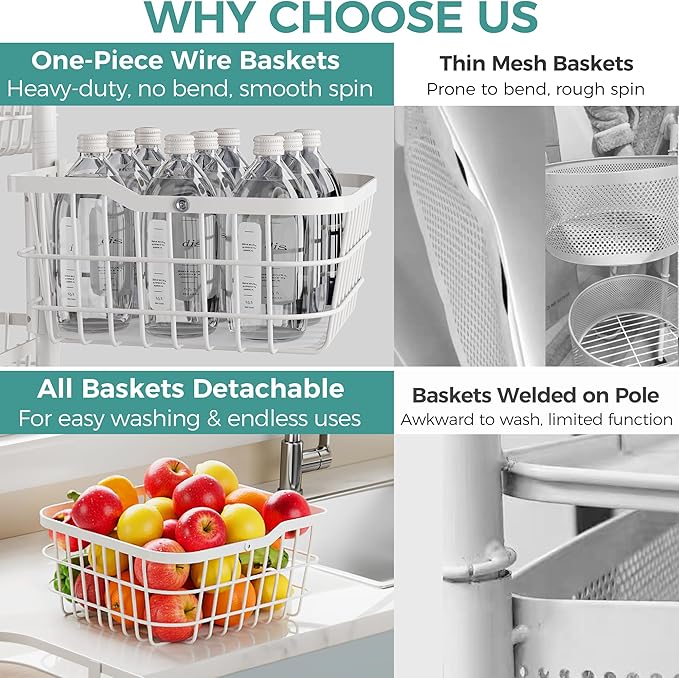 5 Tier Kitchen Fruit Vegetable Storage Cart with Rotating Basket, Rolling Rack Shelf Organizer Floor Stand on Wheel for Snack Spice Produce Veggie Onion Potato Bin, Vianderos Para Cocina, White
