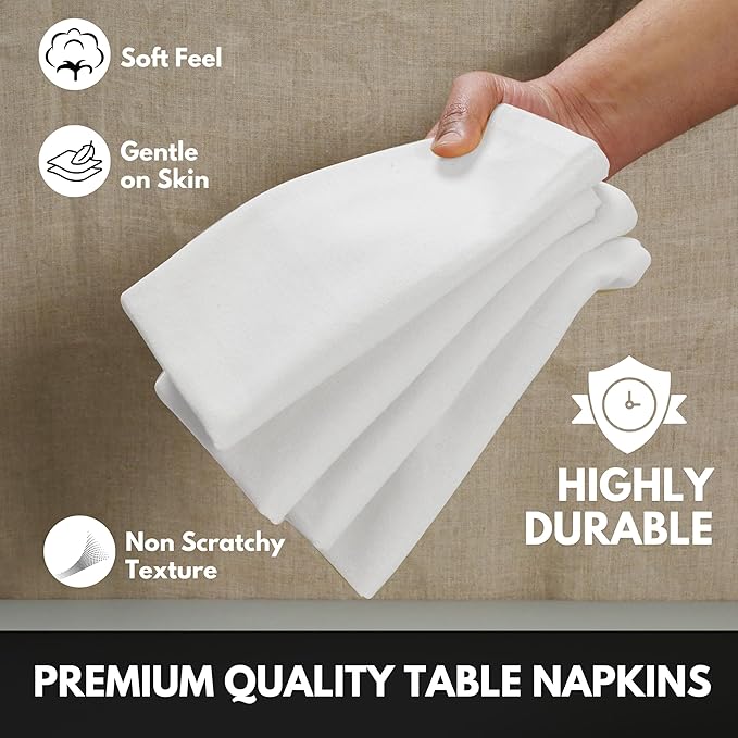 Cloth Napkin 100% Cotton Set of 12 Decorative Washable Table Napkins for Dining, Home, Wedding, Banquet - White (17"x17")