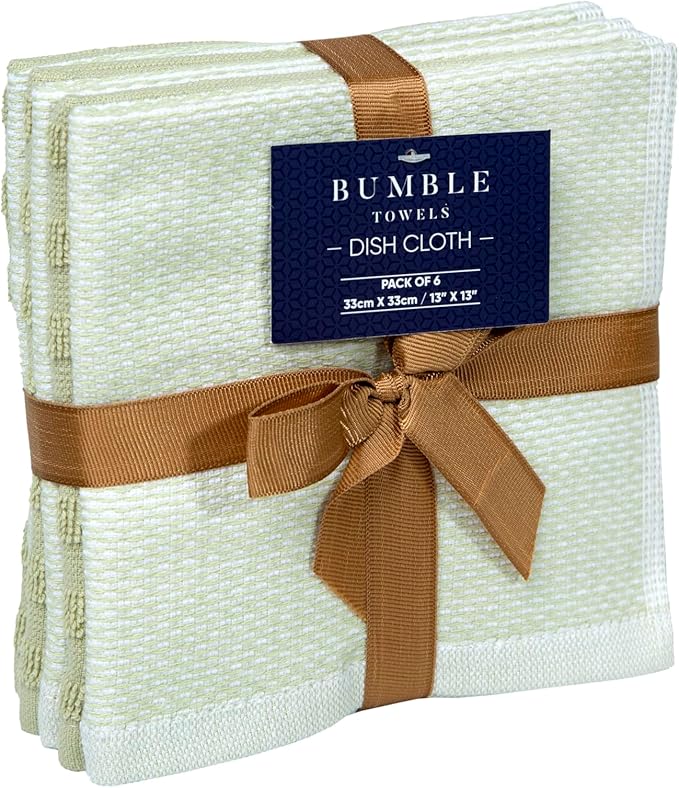Bumble Premium Dish Cloths 13"x13" (6 Pack) | 100% Natural Ring Spun Cotton | 400 GSM | Highly Absorbent & Soft |Yarn Dyed & Solid Dyed Terry Dish Cloth Set - Sage