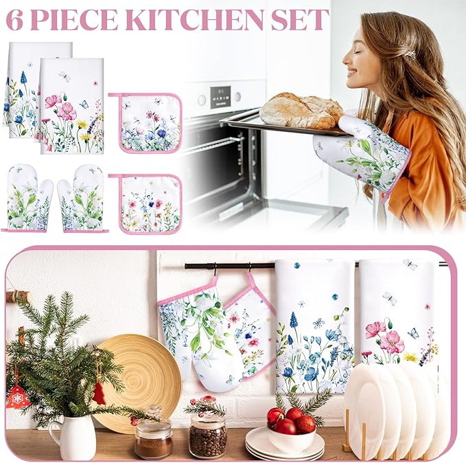 Leinuosen 6 Wild Flower Kitchen Towels Kitchen Decor and Accessories Set Floral Plant Oven Mitts and Pot Holders Sets Farmhouse Absorbent Dish Towels for Cooking Baking Grilling