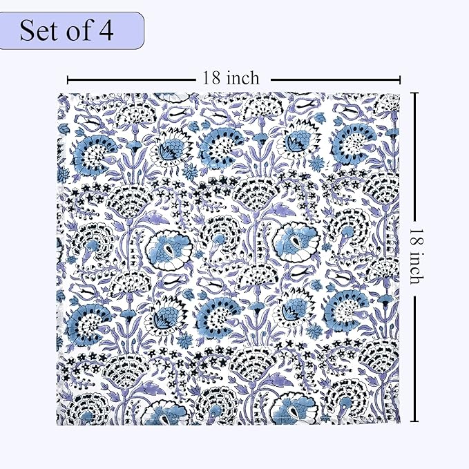 CPC Indigo Blue Indian Block Print Cotton Cloth Napkins Set of 4, 18x18 Reusable Everyday Napkins, Soft, Absorbent, Floral Dinner Napkin, Holiday, Party Gift, Spring,Mother's Day
