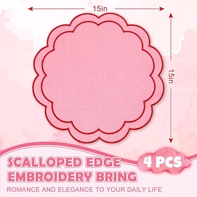 Whaline Pink Red Linen Placemats Embroidered Round Scalloped Kitchen Table Mats for Wedding Anniversary Valentine's Day Baby Shower Party Home Dining Table Decor, Set of 4, 15 x 15 in