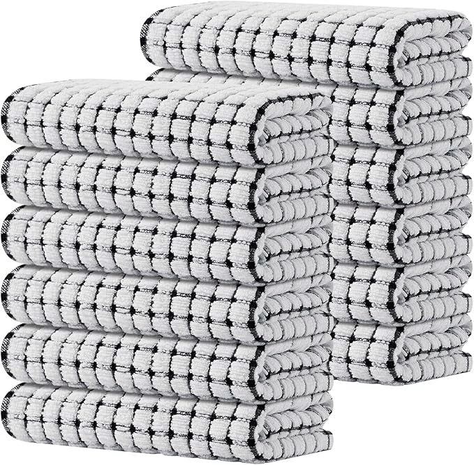 Kitinjoy Cotton 12 Pack Terry Kitchen Towels, 16 x 25 Inches Super Soft and Absorbent Dish Towels, Quick Drying Hand Towels for Kitchen Drying, Black
